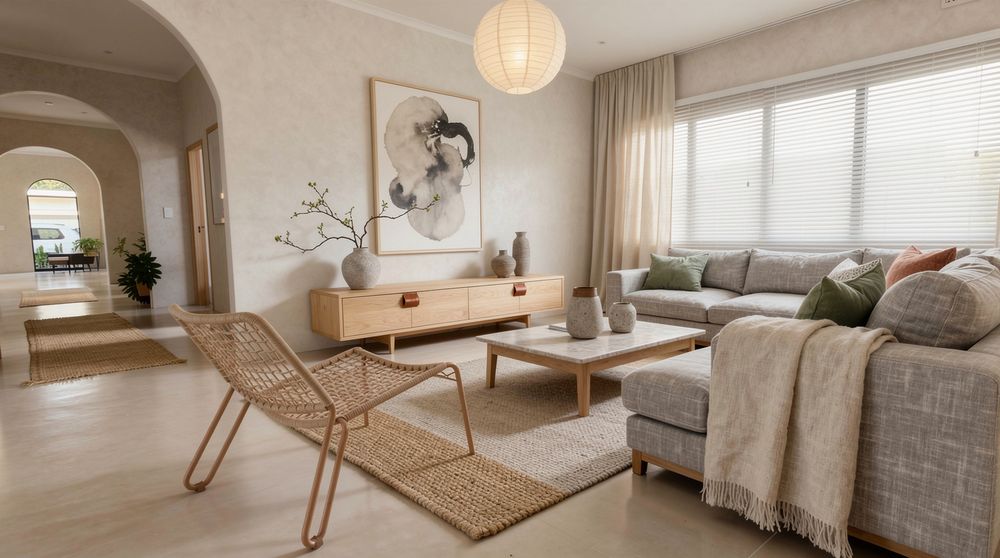 The same living room after its AI restyle